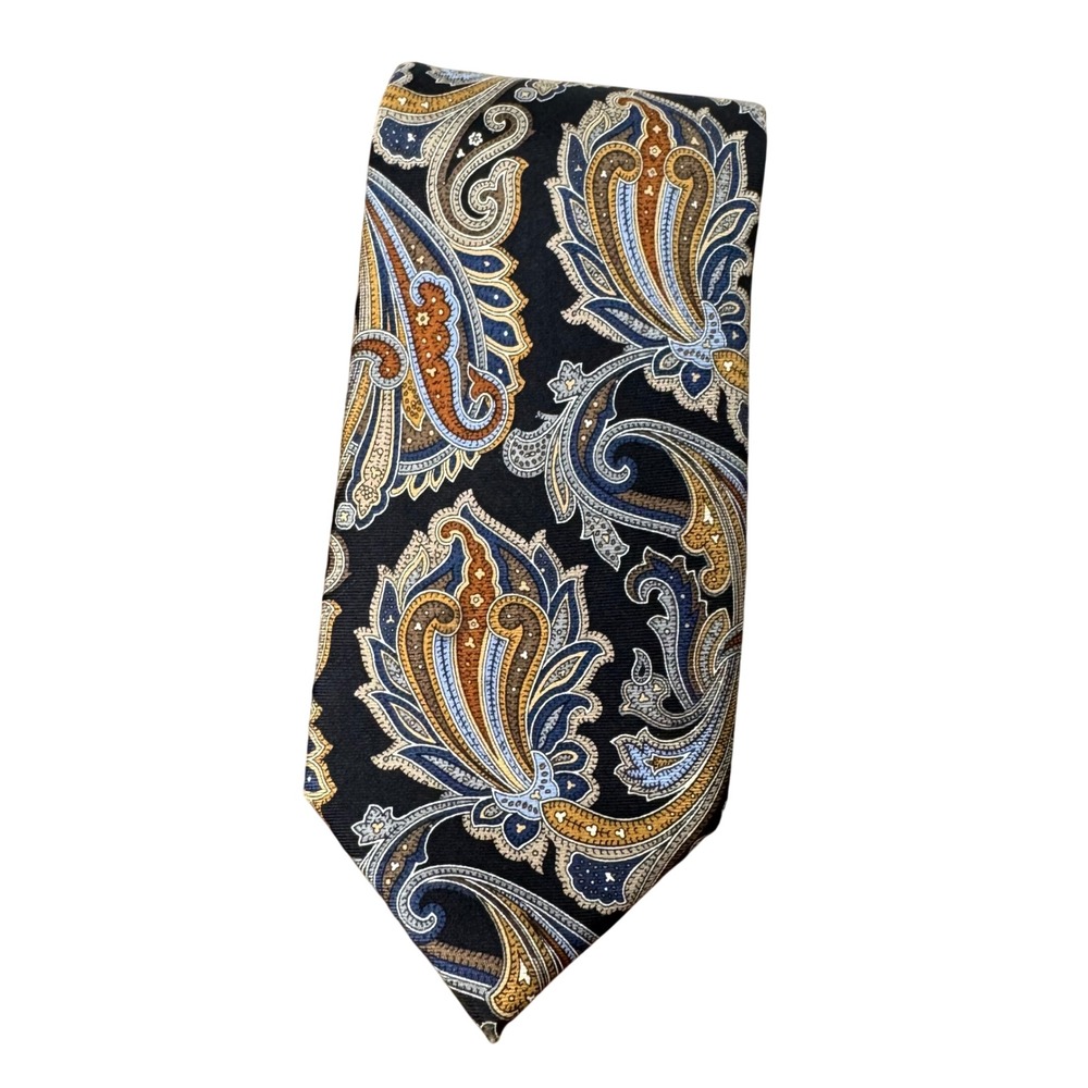 JZ Richards Boulder Mens Silk Tie Paisley Blue Gold Black Hand Made USA 58.5x3.5